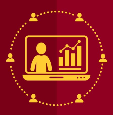 Learning Analytics DiaLOG Group Icon: Open laptop with a person and bar chart on screen, a dotted circle surrounds the laptop and includes icons of people evenly spaced throughout the circle.