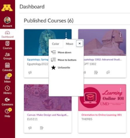 Example Canvas Dashboard, modal window enabled showing menu options to move course card.