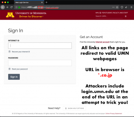 Fake University of Minnesota login page with notes