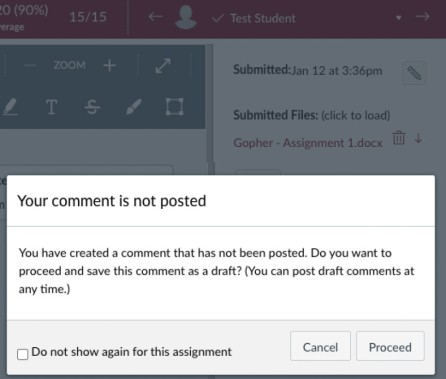 Speedgrader - Unposted Comment Warning: Modal window from SpeedGrader with message "Your Comment is not posted"