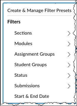 Canvas Gradebook Filter menu open with the filters options for Sections, Modules, Assignment Groups, Student Groups, Status, Submissions, Start Date to End Date