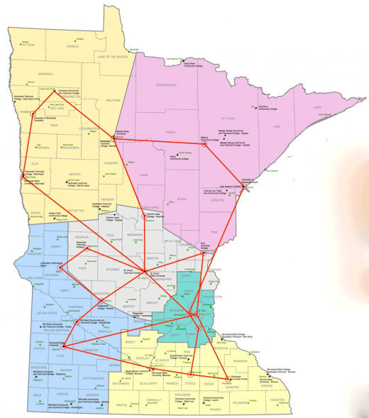 Map of Minnesota showing how the Northern Lights GigaPoP connects to high-performance research and education networks 