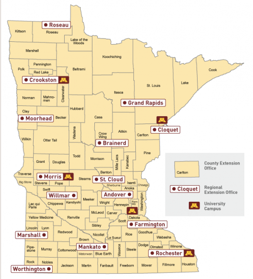 Map of Minnesota indicating locations of University of Minnesota campuses and extension offices